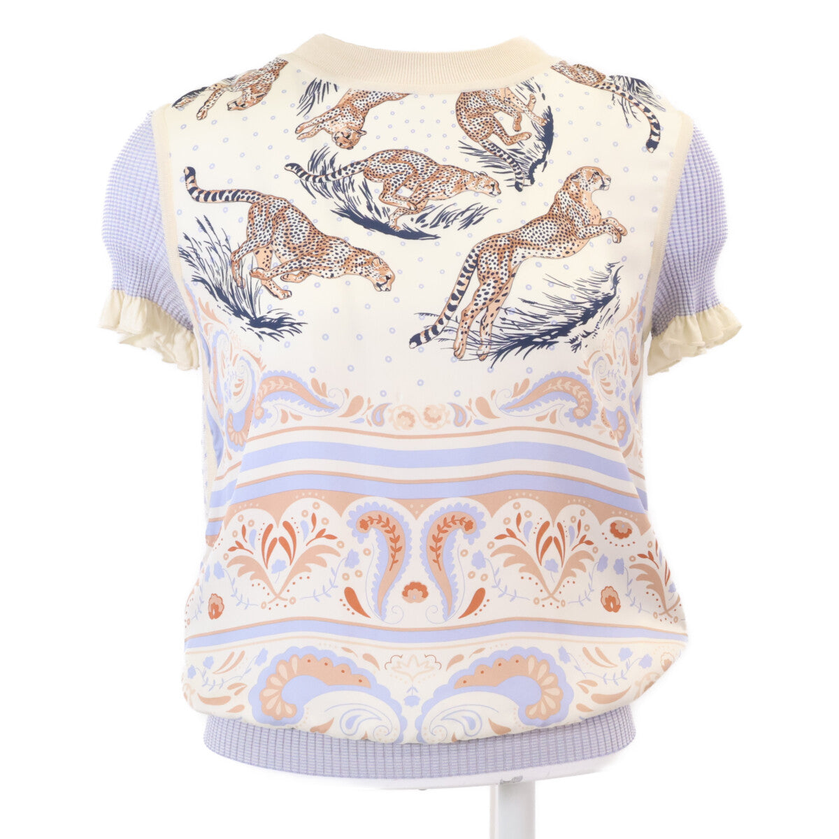 HERMES 【Domestic/2025 Model】5E2821DS Twillaine Cheetah and Palm Tree Silk Short Sleeve Sweater Top