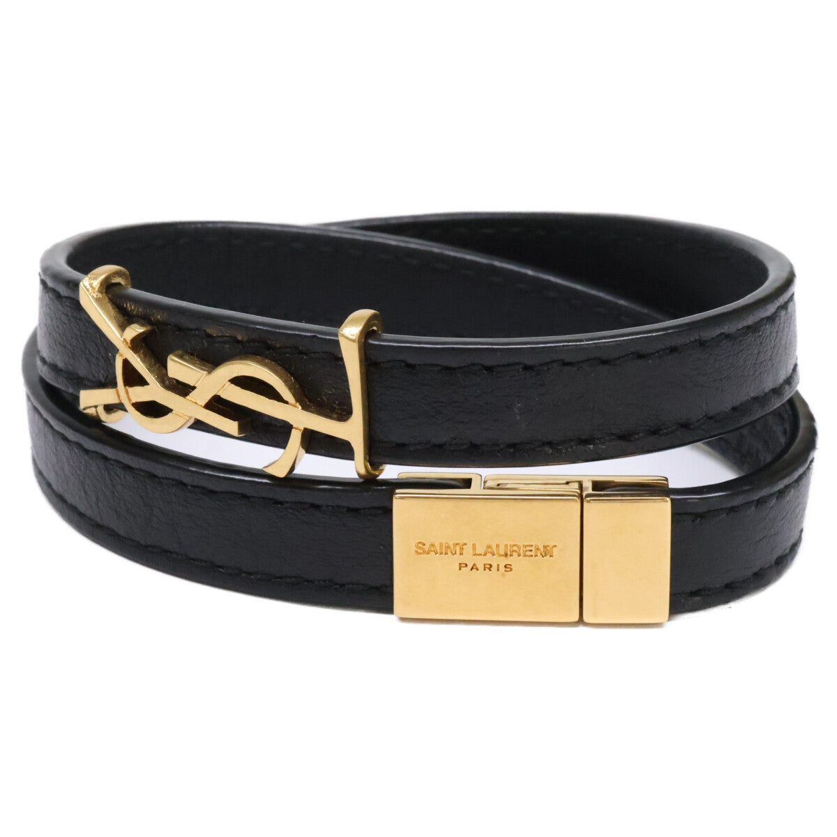 YvesSaintLaurent イヴサンローラン 【美品】オピウム レザー&メタル ダブルラップ ブレスレット
