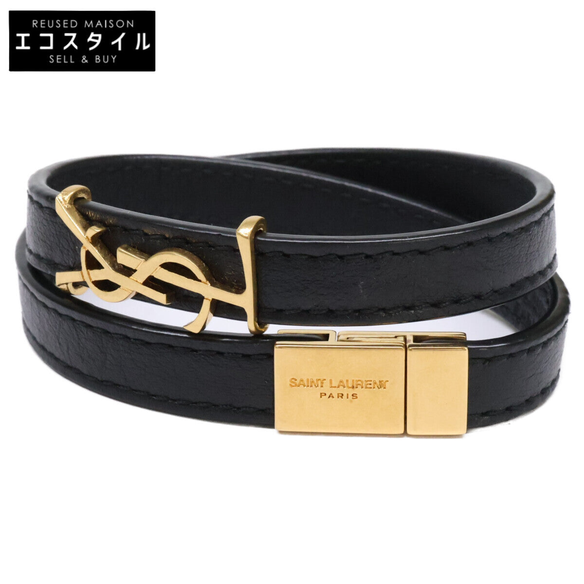 YvesSaintLaurent イヴサンローラン 【美品】オピウム レザー&メタル ダブルラップ ブレスレット