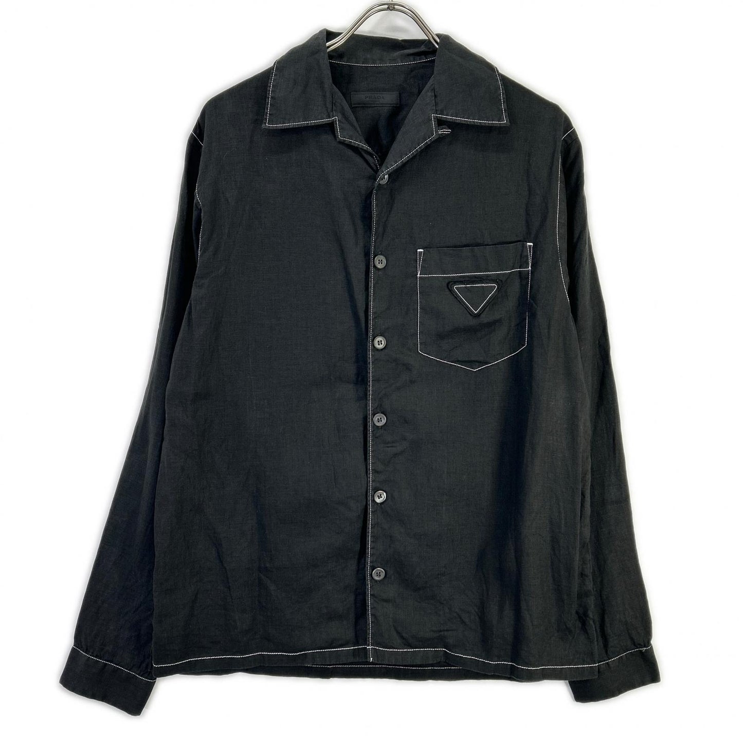 PRADA Prada UCN441 Black Triangle Logo Stitching Open-Collar Shirt Top