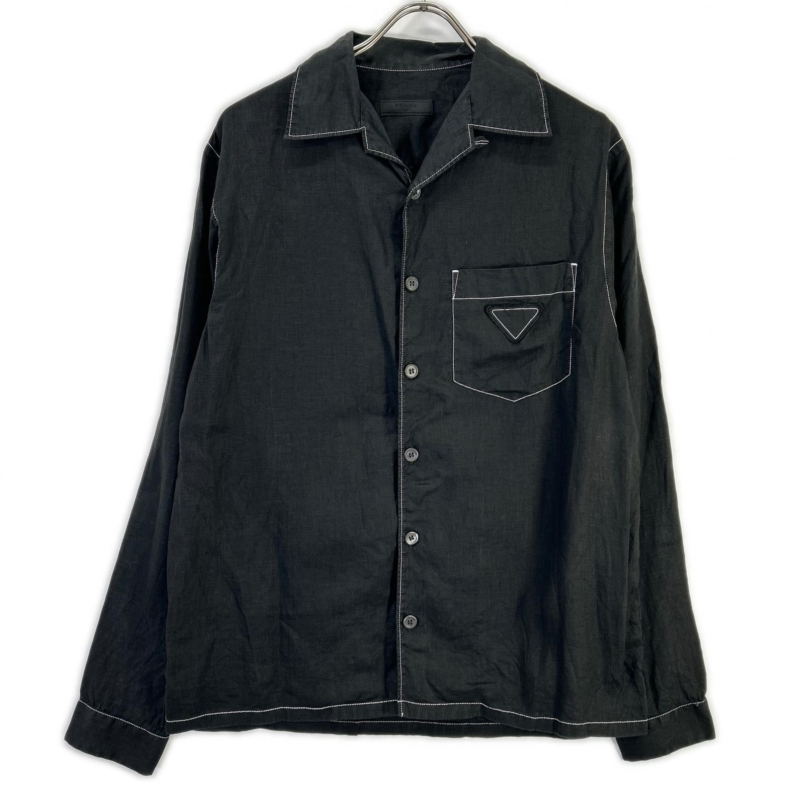 PRADA Prada UCN441 Black Triangle Logo Stitching Open-Collar Shirt Top