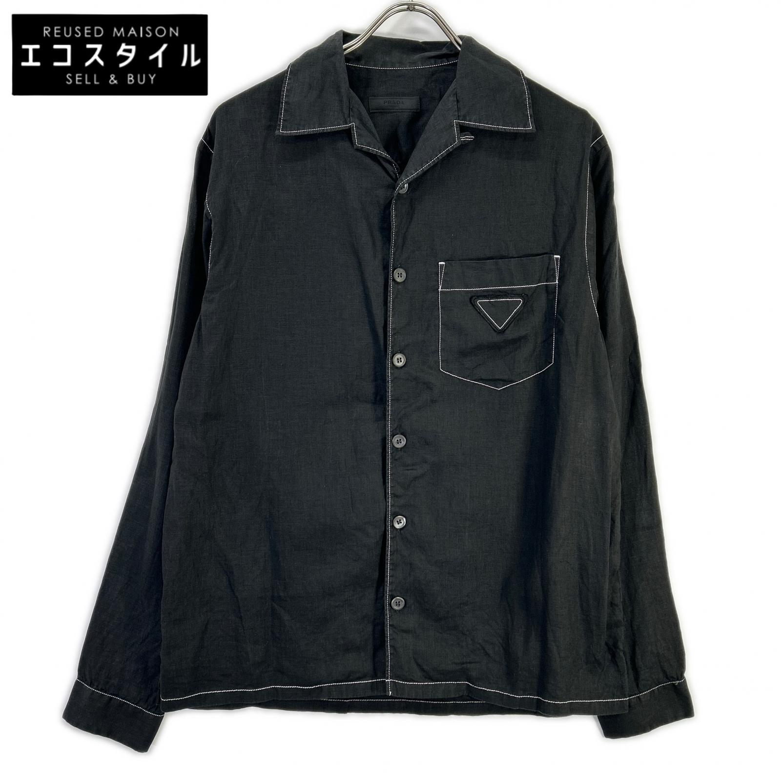 PRADA Prada UCN441 Black Triangle Logo Stitching Open-Collar Shirt Top