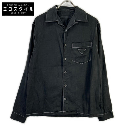 PRADA Prada UCN441 Black Triangle Logo Stitching Open-Collar Shirt Top