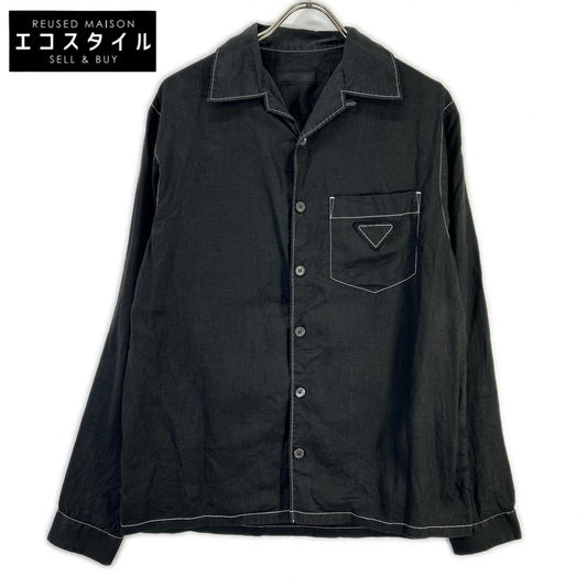 PRADA Prada UCN441 Black Triangle Logo Stitching Open-Collar Shirt Top