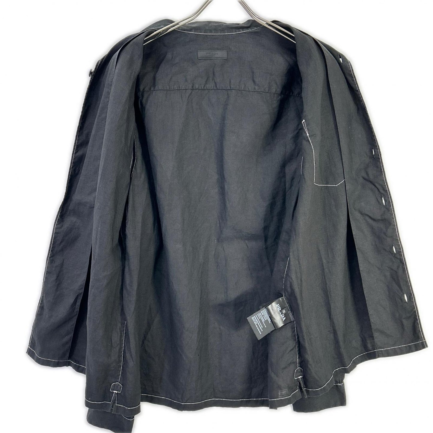 PRADA Prada UCN441 Black Triangle Logo Stitching Open-Collar Shirt Top