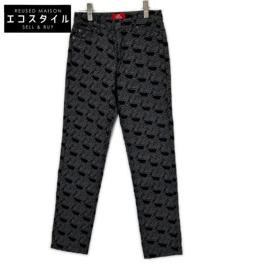 VivienneWestwoodRedLabel ヴィヴィアンウエストウッドレッドレーベル 16-12-741007 ブラック コットン オーブ刺しゅう パターン テーパードデニムパンツ ボトムス