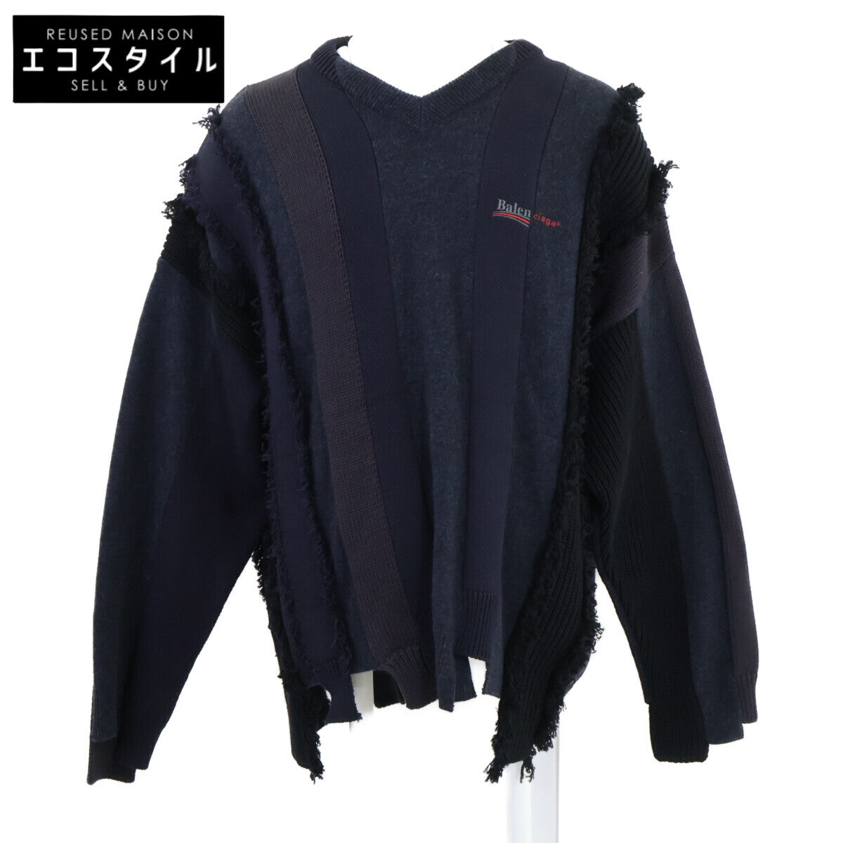 BALENCIAGA [Domestic authentic] 657327 Striped Fringe V-Neck Knit Sweater Top