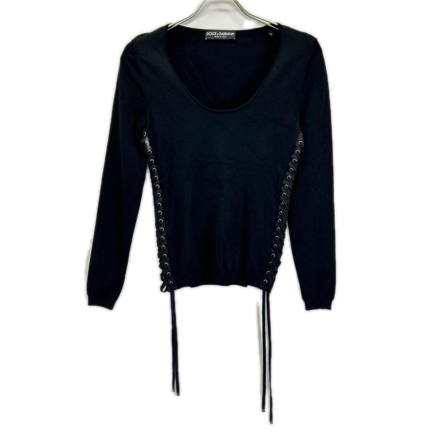 DOLCE&GABBANA ドルチェアンドガッバーナ ブラック レースアップスクープネック プルオーバー トップス