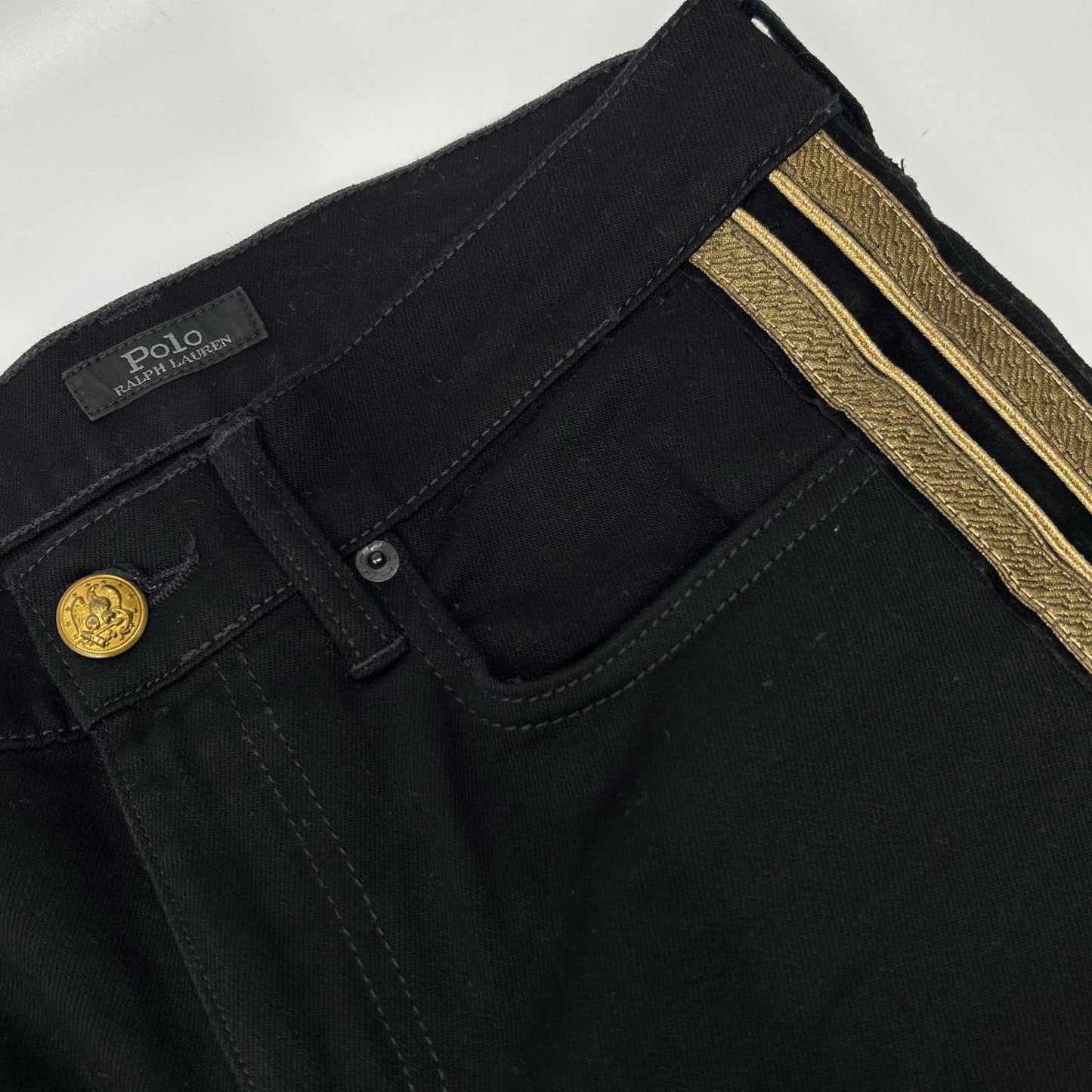 POLObyRalphLauren ポロラルフローレン ブラック 金ボタン 金刺繍サイドライン フレアデニム ボトムス