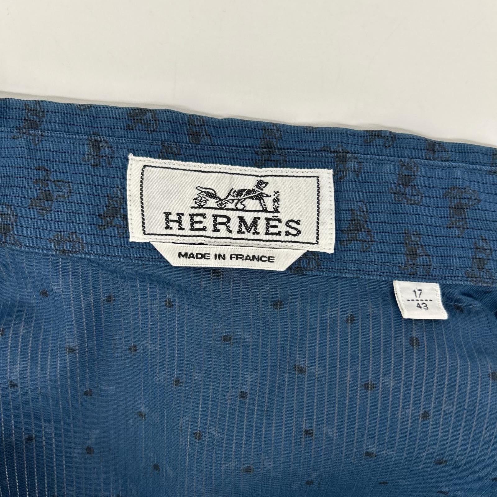 HERMES エルメス ブルー ホース柄 長袖 セリエボタンコットンシャツ トップス