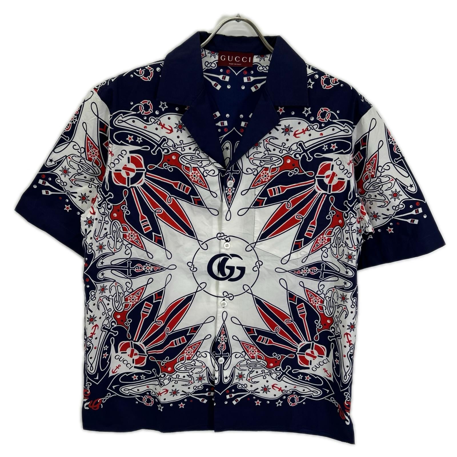 GUCCI グッチ 787257 ネイビー×ホワイト バンダナプリント アロハシャツ トップス
