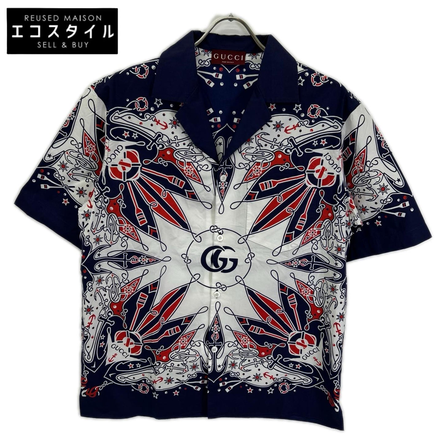 GUCCI グッチ 787257 ネイビー×ホワイト バンダナプリント アロハシャツ トップス
