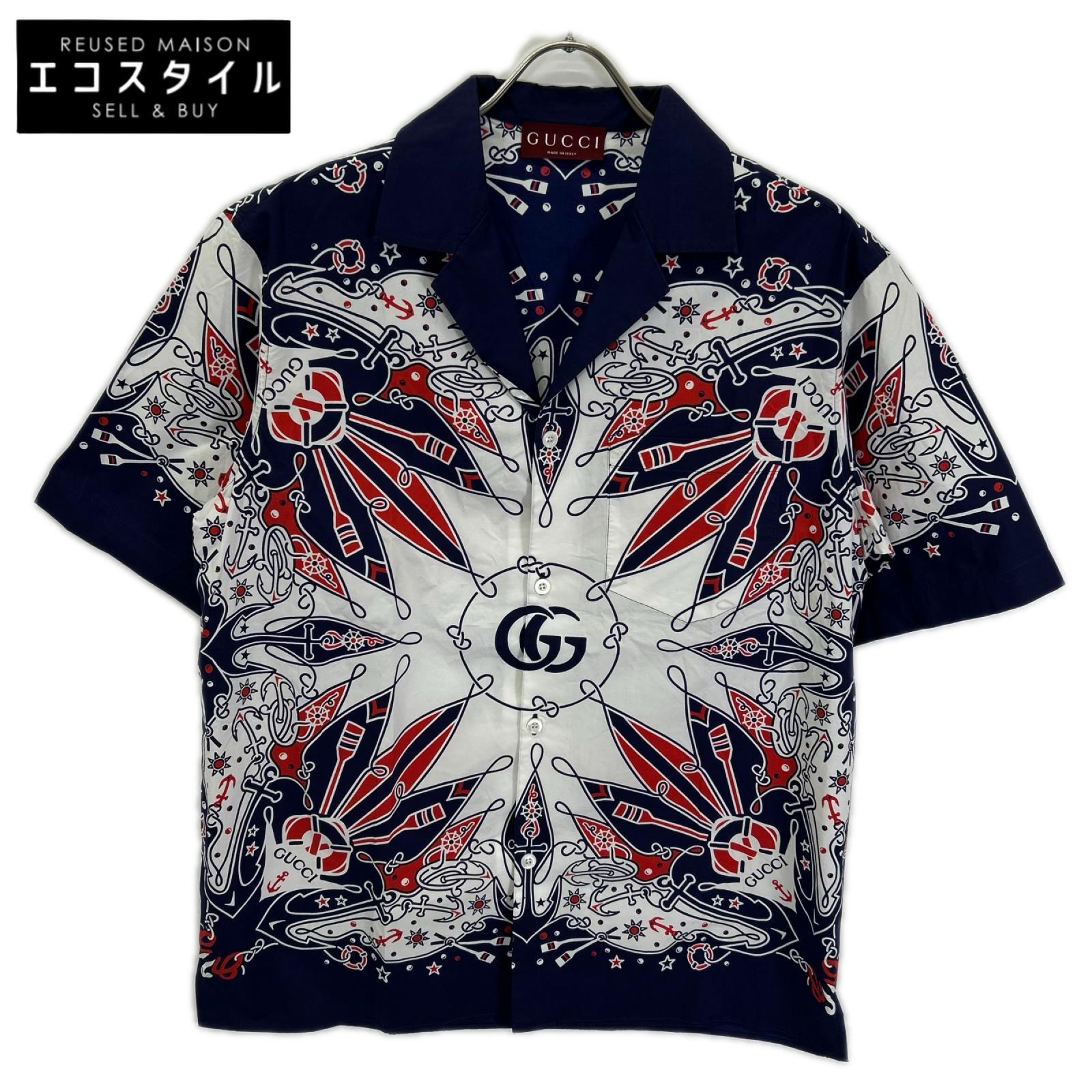 GUCCI グッチ 787257 ネイビー×ホワイト バンダナプリント アロハシャツ トップス