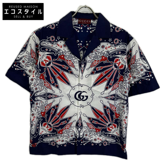GUCCI グッチ 787257 ネイビー×ホワイト バンダナプリント アロハシャツ トップス