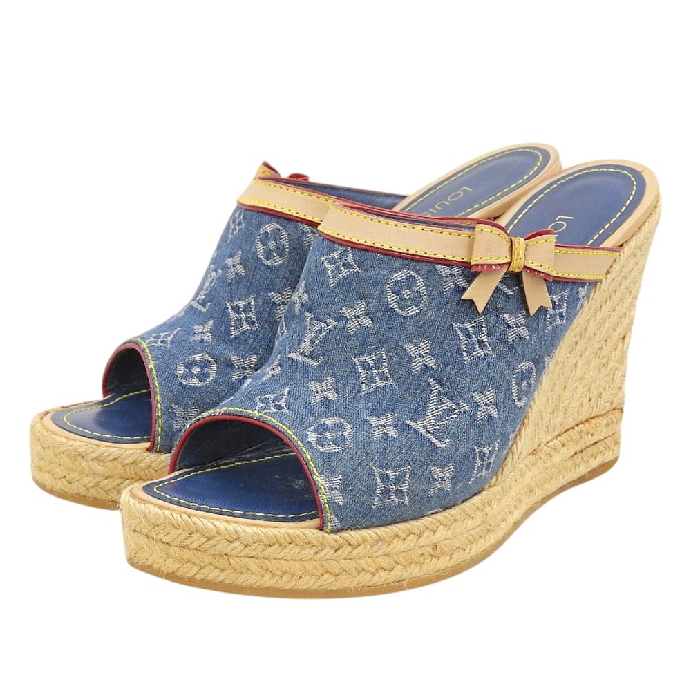 LOUIS VUITTON ルイヴィトン モノグラム デニム エスパドリーユ ヒール シューズ レディース ブルー 37 1/2 05年 シューズ