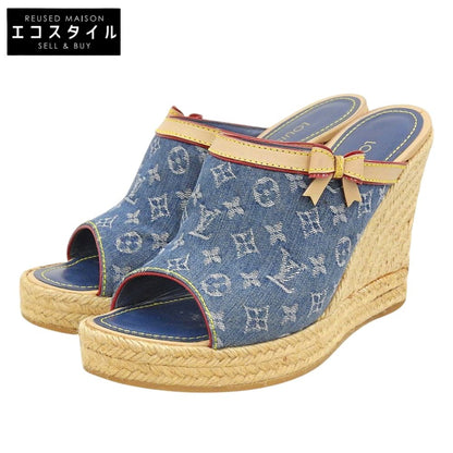LOUIS VUITTON ルイヴィトン モノグラム デニム エスパドリーユ ヒール シューズ レディース ブルー 37 1/2 05年 シューズ