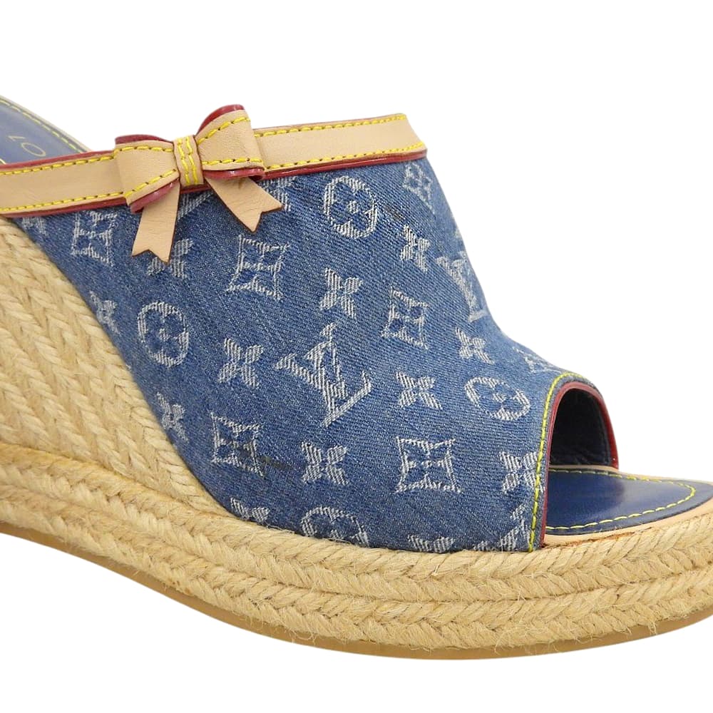 LOUIS VUITTON ルイヴィトン モノグラム デニム エスパドリーユ ヒール シューズ レディース ブルー 37 1/2 05年 シューズ