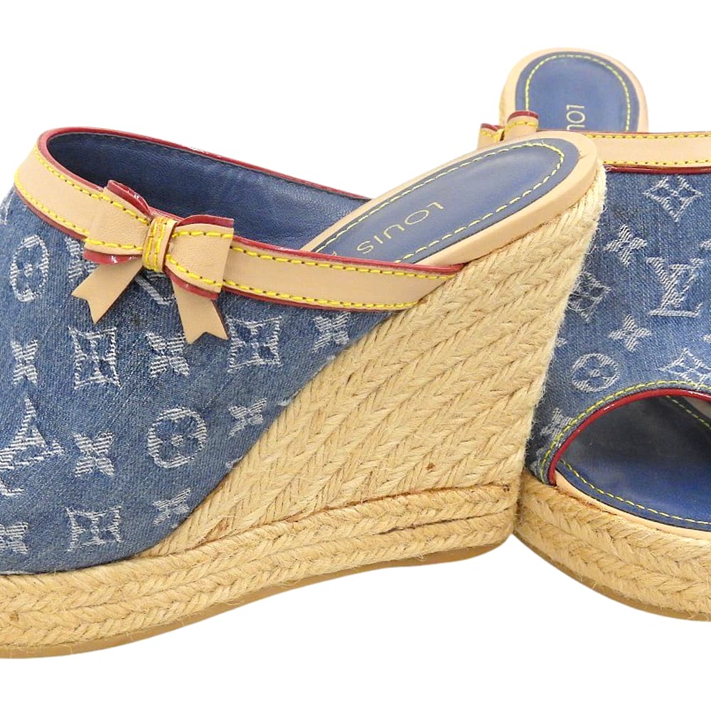 LOUIS VUITTON ルイヴィトン モノグラム デニム エスパドリーユ ヒール シューズ レディース ブルー 37 1/2 05年 シューズ