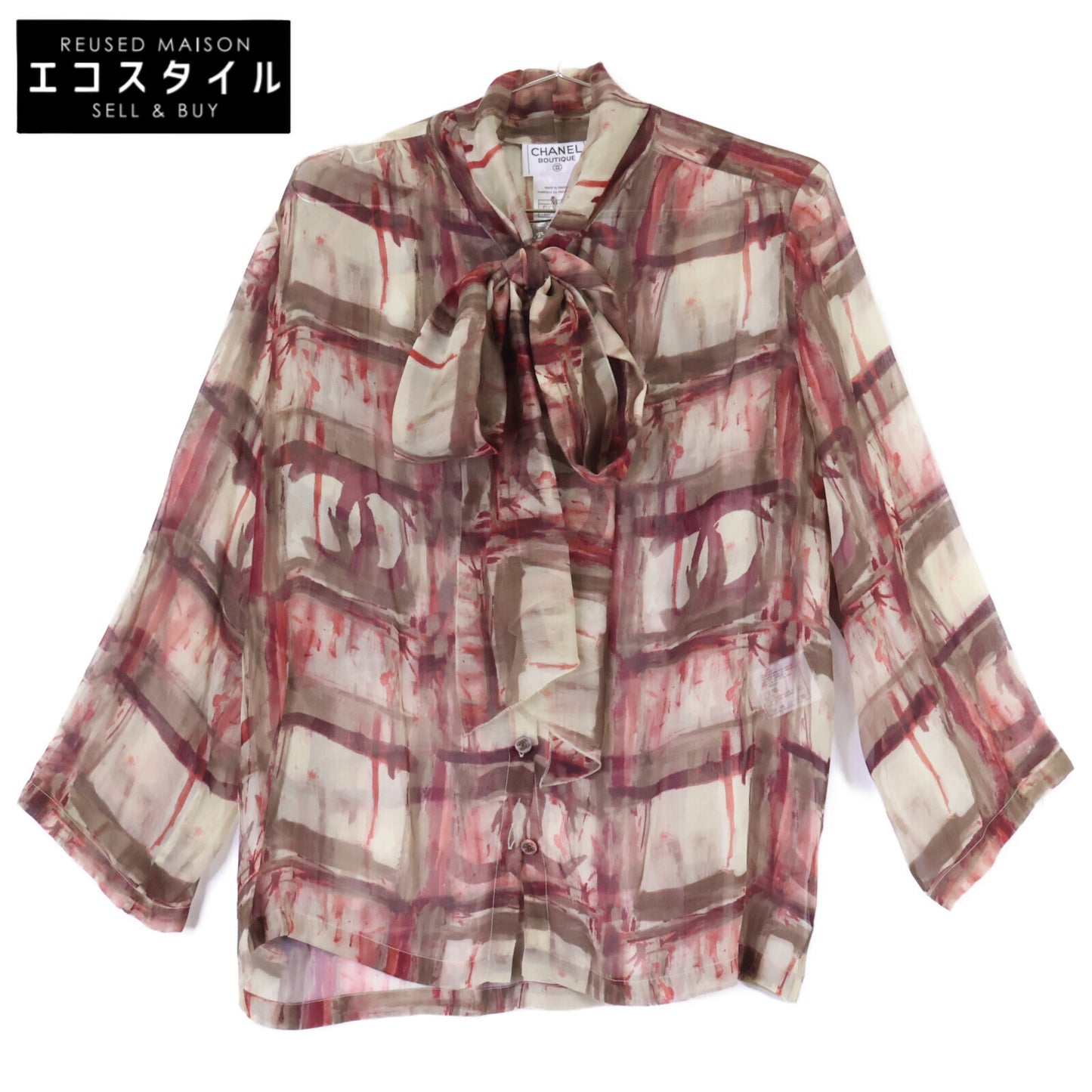 CHANEL シャネル 【美品/国内正規】98A P11963V07011 総柄 ココマークボタン シルク100％ シアー ボウタイ長袖シャツ トップス