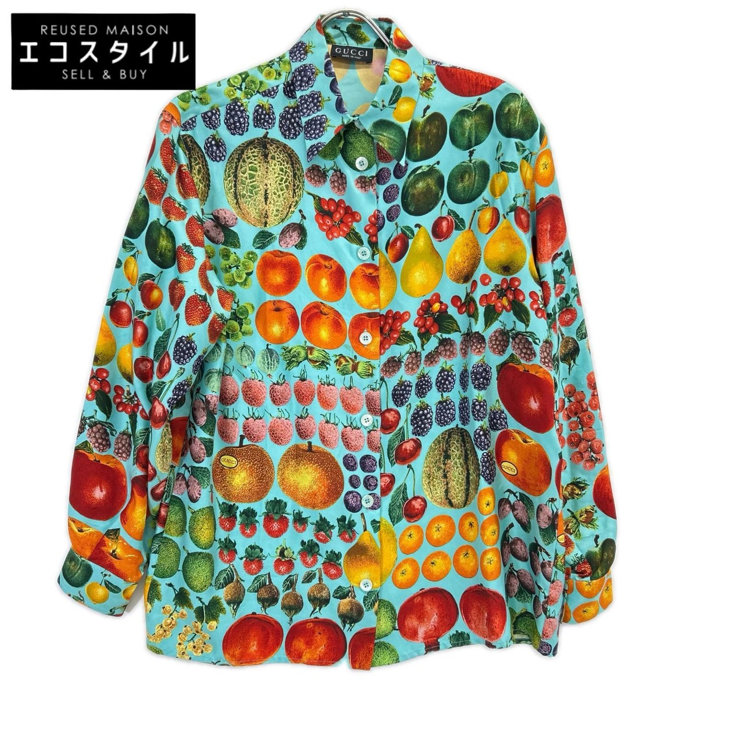 GUCCI グッチ 96年製 ライトブルー トムフォード期 シルク フルーツ柄 ロングスリーブシャツ トップス