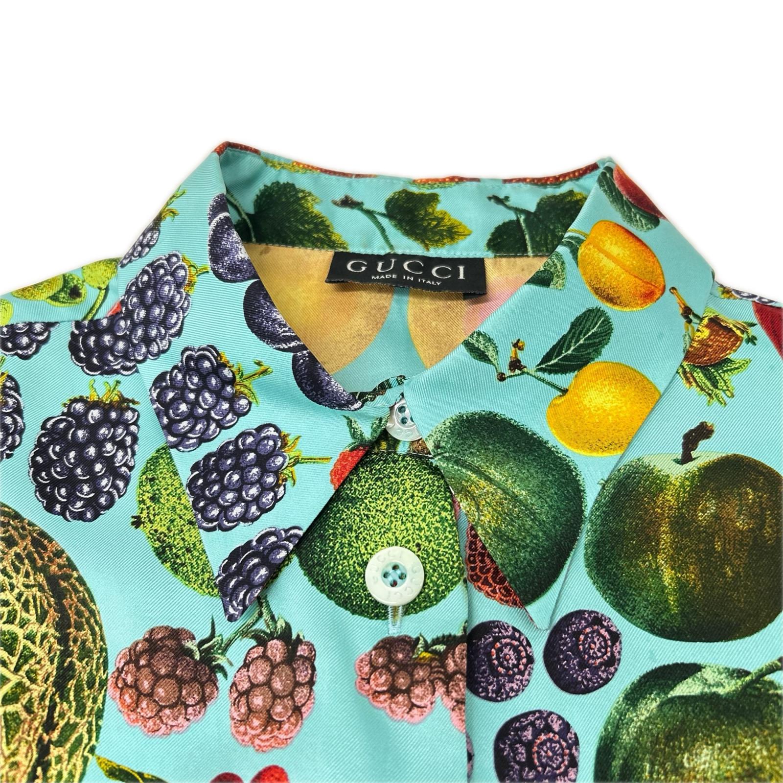 GUCCI グッチ 96年製 ライトブルー トムフォード期 シルク フルーツ柄 ロングスリーブシャツ トップス