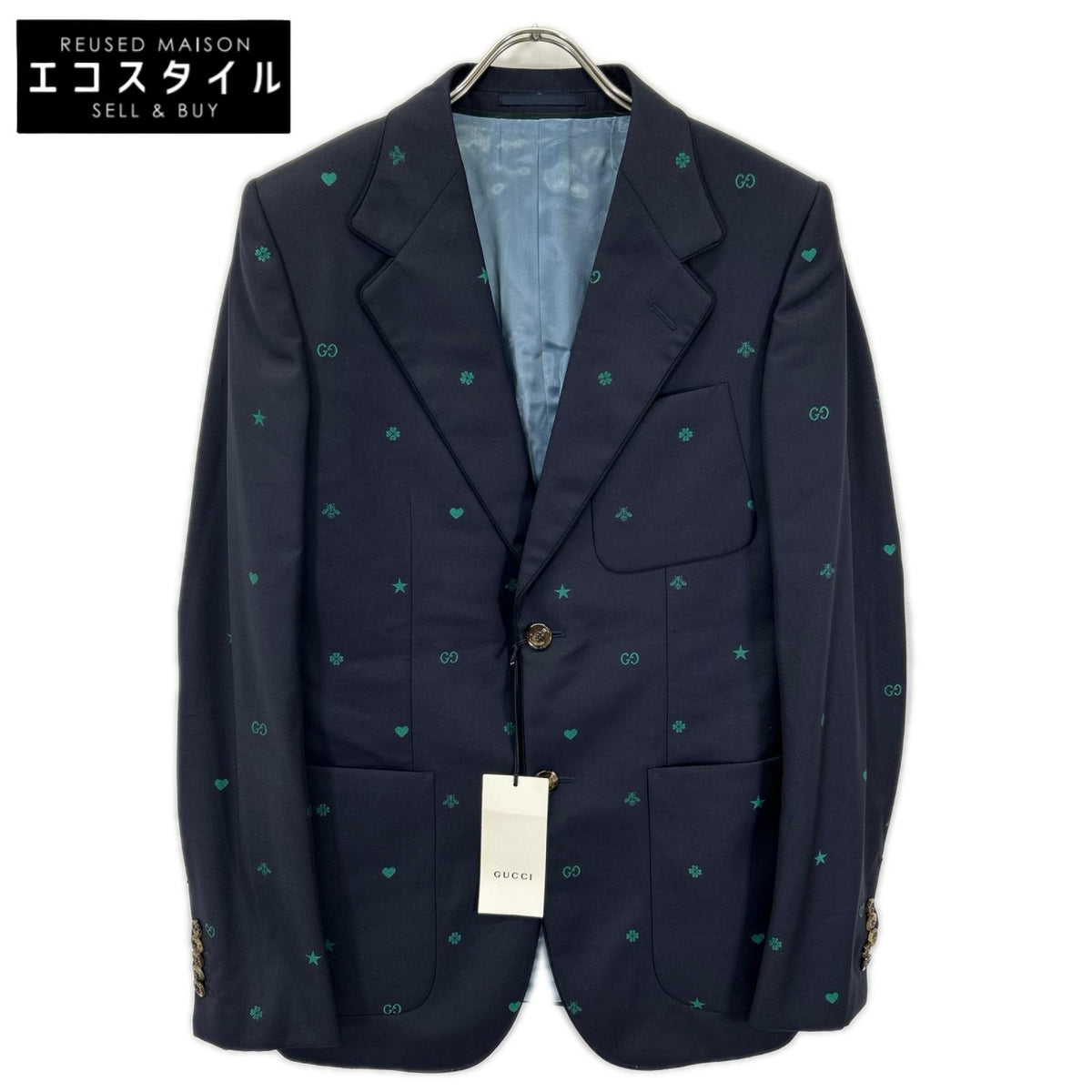 GUCCI グッチ 581688 ネイビー ミケーレ期 ウール GG Bee 総柄 シングル テーラードジャケット ジャケット