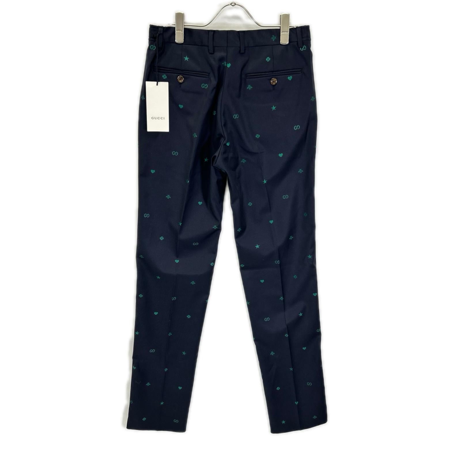 GUCCI グッチ 581689 ネイビー ミケーレ期 ウール GG Bee 総柄 エンブロイダリー スラックス ウール トラウザーズ ボトムス
