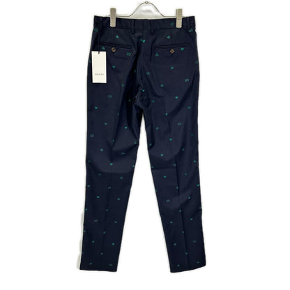 GUCCI グッチ 581689 ネイビー ミケーレ期 ウール GG Bee 総柄 エンブロイダリー スラックス ウール トラウザーズ ボトムス