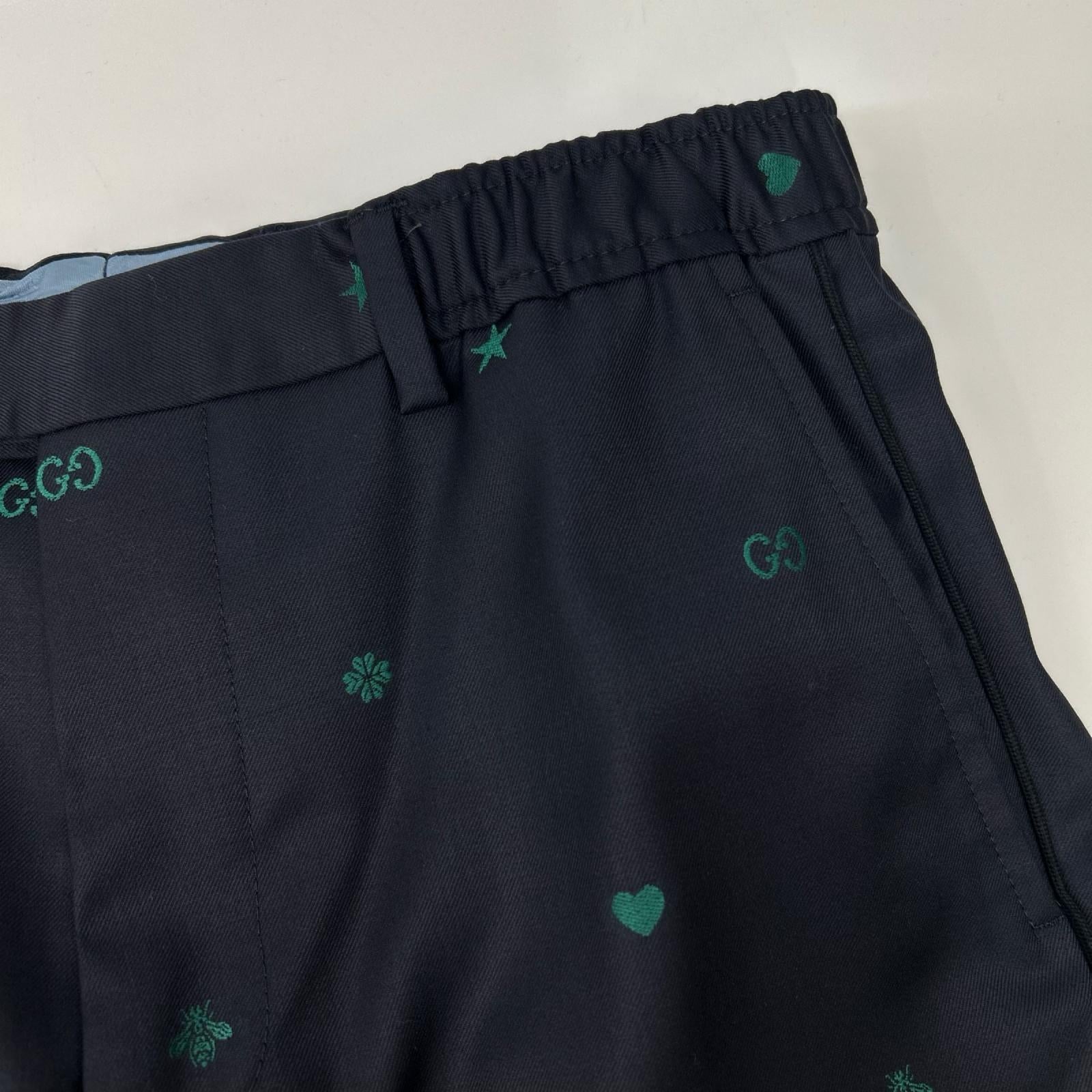 GUCCI グッチ 581689 ネイビー ミケーレ期 ウール GG Bee 総柄 エンブロイダリー スラックス ウール トラウザーズ ボトムス