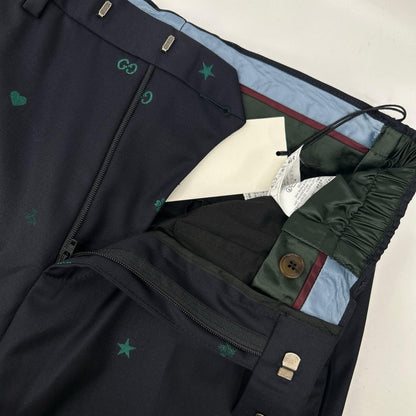 GUCCI グッチ 581689 ネイビー ミケーレ期 ウール GG Bee 総柄 エンブロイダリー スラックス ウール トラウザーズ ボトムス