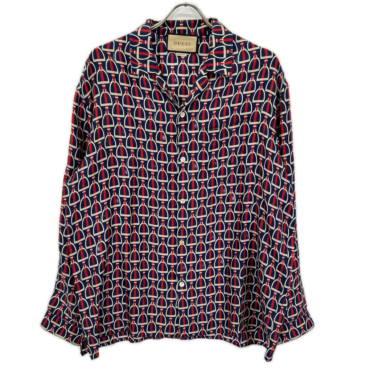 GUCCI グッチ 770426 ZAPD2 ネイビー×レッド シルク ホースビット 総柄 ロングスリーブシャツ トップス