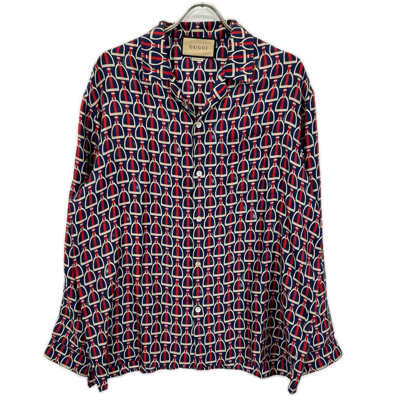 GUCCI グッチ 770426 ZAPD2 ネイビー×レッド シルク ホースビット 総柄 ロングスリーブシャツ トップス