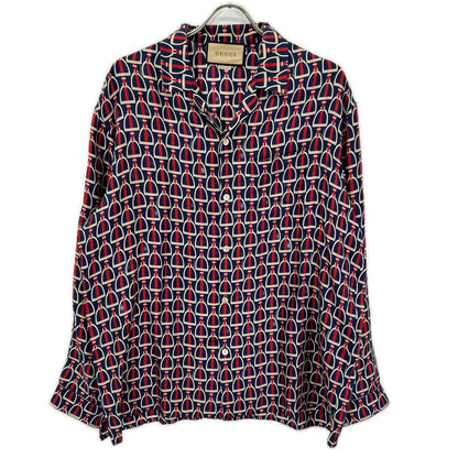 GUCCI グッチ 770426 ZAPD2 ネイビー×レッド シルク ホースビット 総柄 ロングスリーブシャツ トップス