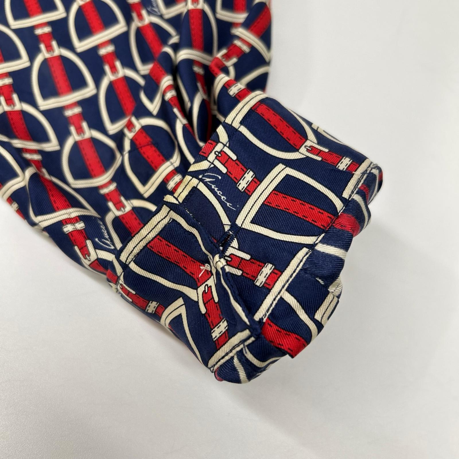 GUCCI グッチ 770426 ZAPD2 ネイビー×レッド シルク ホースビット 総柄 ロングスリーブシャツ トップス