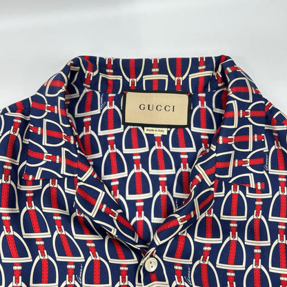 GUCCI グッチ 770426 ZAPD2 ネイビー×レッド シルク ホースビット 総柄 ロングスリーブシャツ トップス