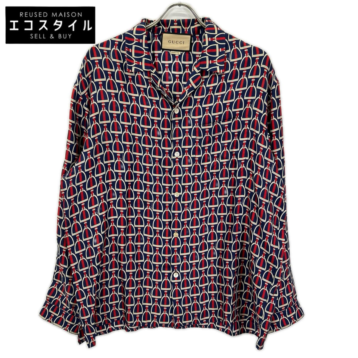 GUCCI グッチ 770426 ZAPD2 ネイビー×レッド シルク ホースビット 総柄 ロングスリーブシャツ トップス