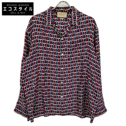 GUCCI グッチ 770426 ZAPD2 ネイビー×レッド シルク ホースビット 総柄 ロングスリーブシャツ トップス