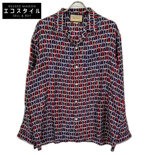 GUCCI グッチ 770426 ZAPD2 ネイビー×レッド シルク ホースビット 総柄 ロングスリーブシャツ トップス