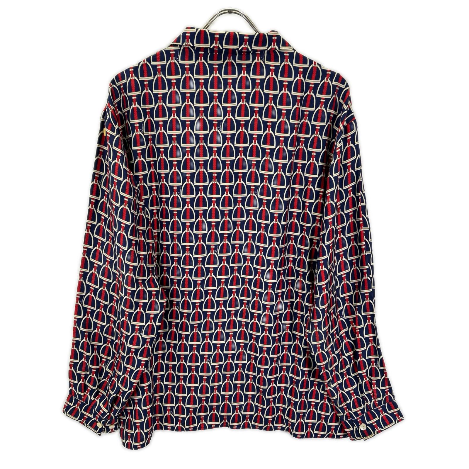 GUCCI グッチ 770426 ZAPD2 ネイビー×レッド シルク ホースビット 総柄 ロングスリーブシャツ トップス