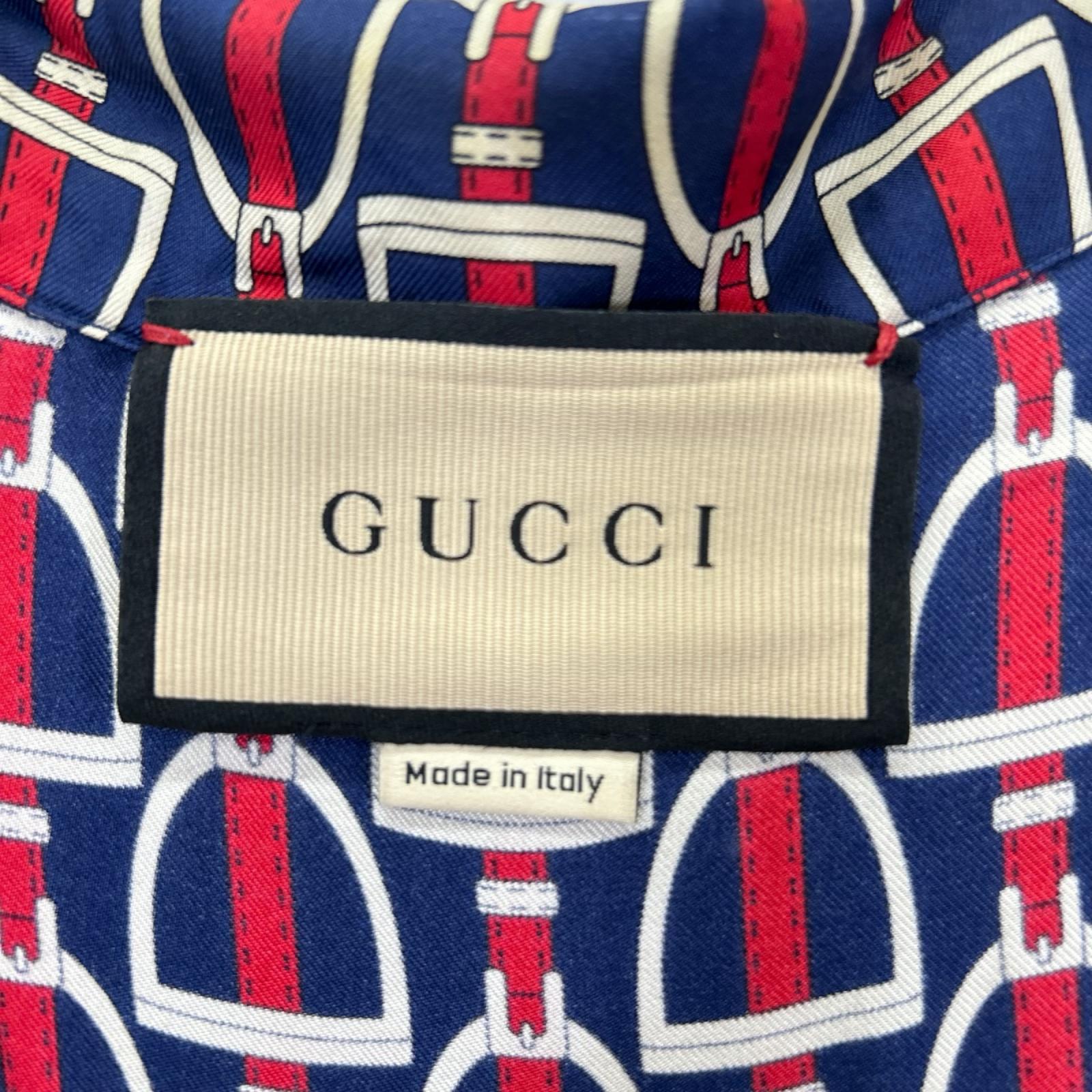 GUCCI グッチ 770426 ZAPD2 ネイビー×レッド シルク ホースビット 総柄 ロングスリーブシャツ トップス