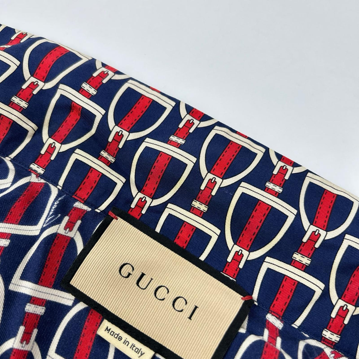 GUCCI グッチ 770426 ZAPD2 ネイビー×レッド シルク ホースビット 総柄 ロングスリーブシャツ トップス