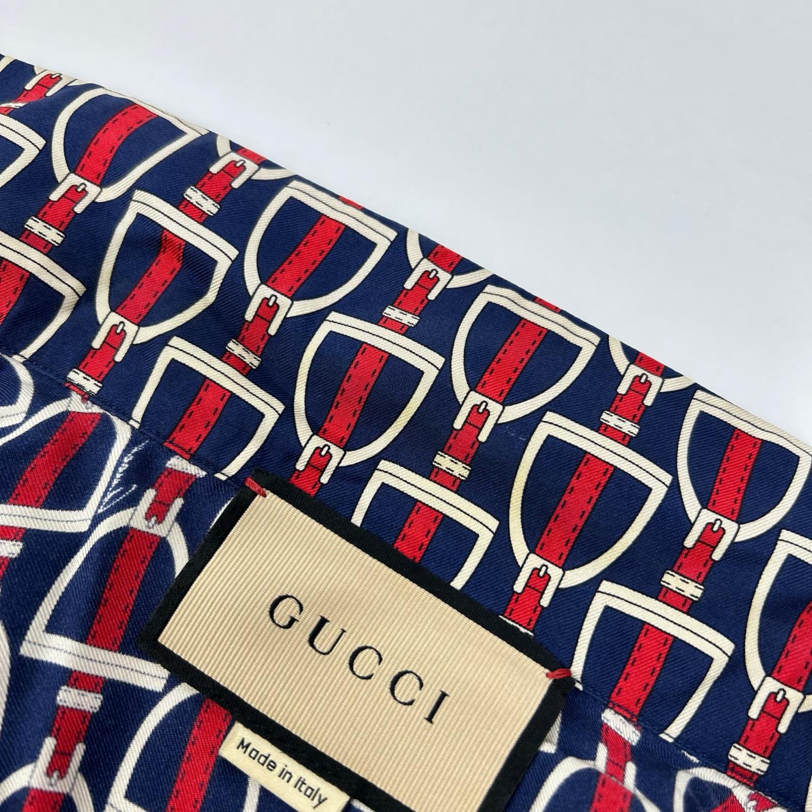 GUCCI グッチ 770426 ZAPD2 ネイビー×レッド シルク ホースビット 総柄 ロングスリーブシャツ トップス