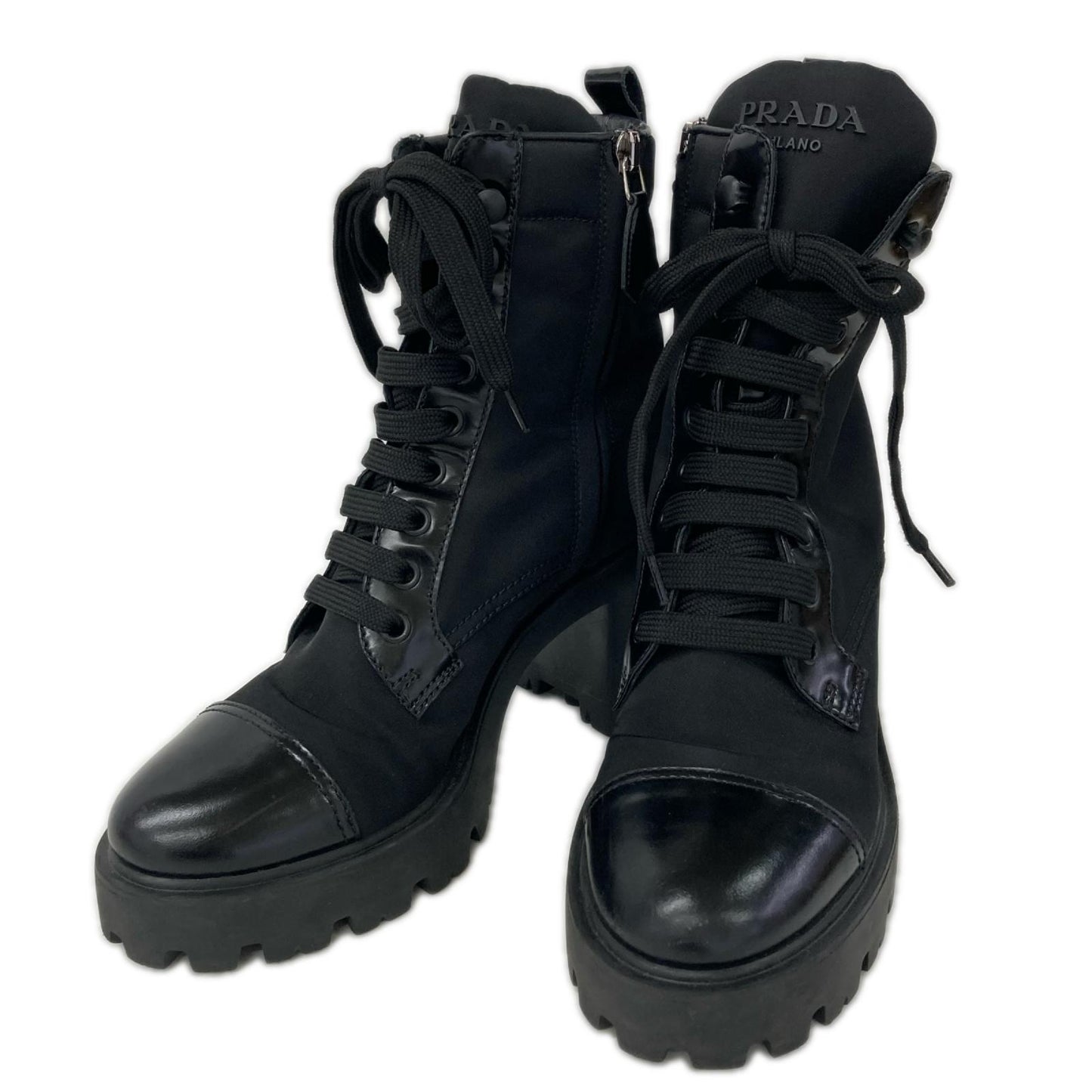 PRADA プラダ Re-Nylon トライアングルロゴプレート レースアップ ヒールブーツ シューズ
