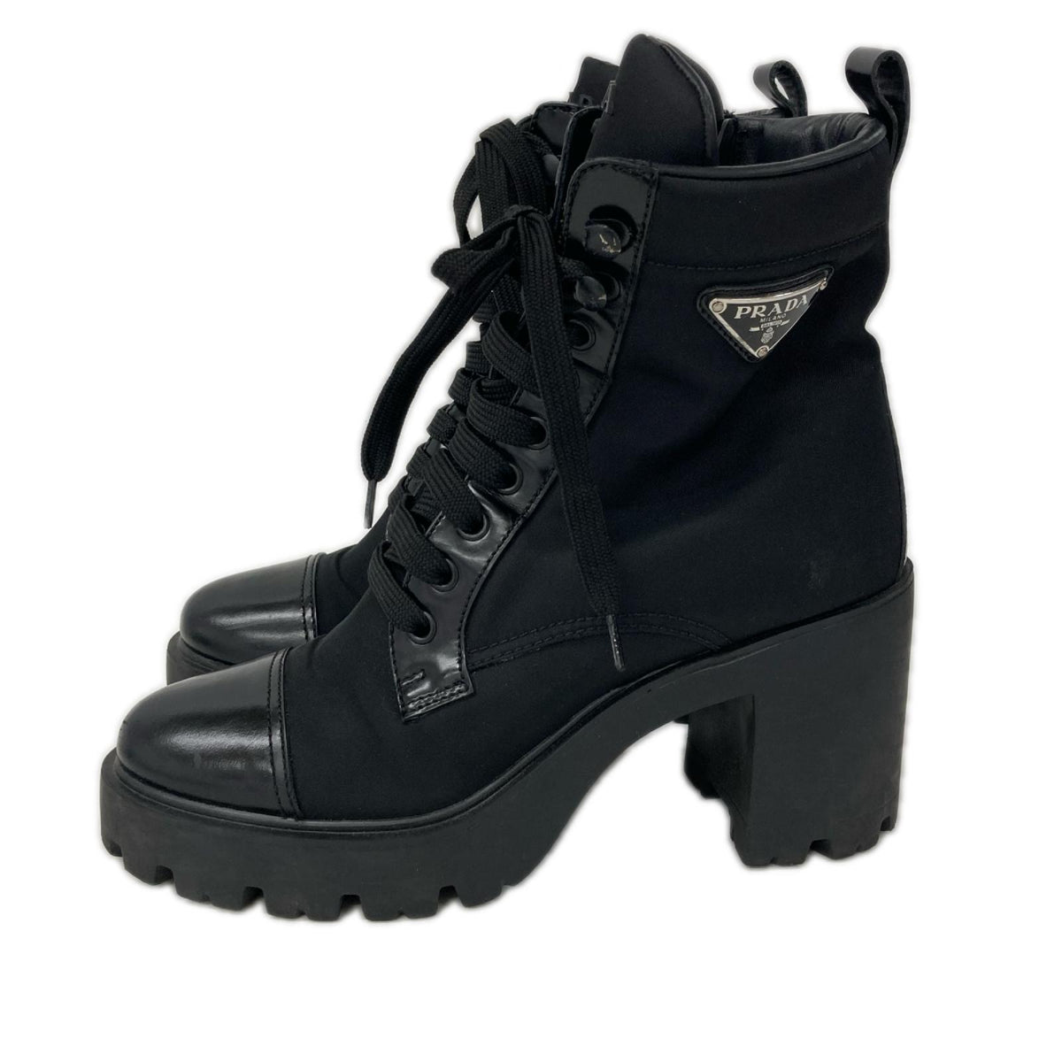 PRADA プラダ Re-Nylon トライアングルロゴプレート レースアップ ヒールブーツ シューズ
