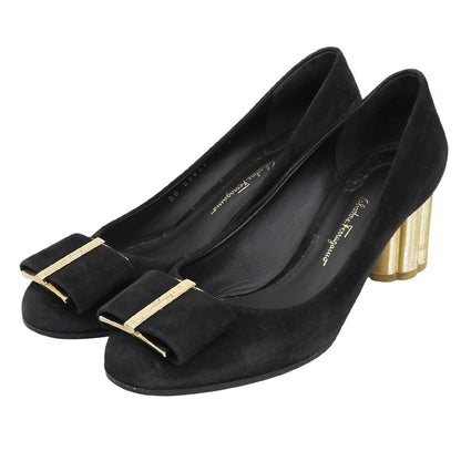 SalvatoreFerragamo サルバトーレフェラガモ カプア スエード バラリボン ヒール パンプス シューズ レディース ブラック 6D シューズ