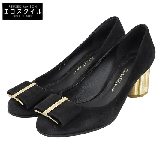 SalvatoreFerragamo サルバトーレフェラガモ カプア スエード バラリボン ヒール パンプス シューズ レディース ブラック 6D シューズ