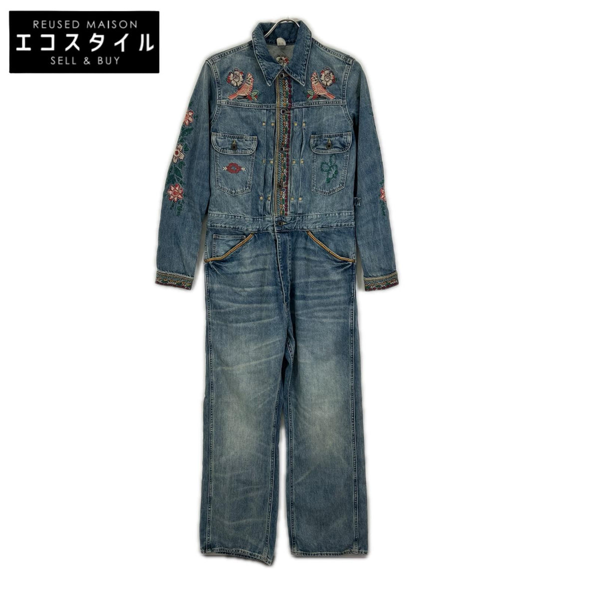 RRL ダブルアールエル 28288014000I 花&鳥刺繍 デニムジャンプスーツ つなぎ オーバーオール オールインワン