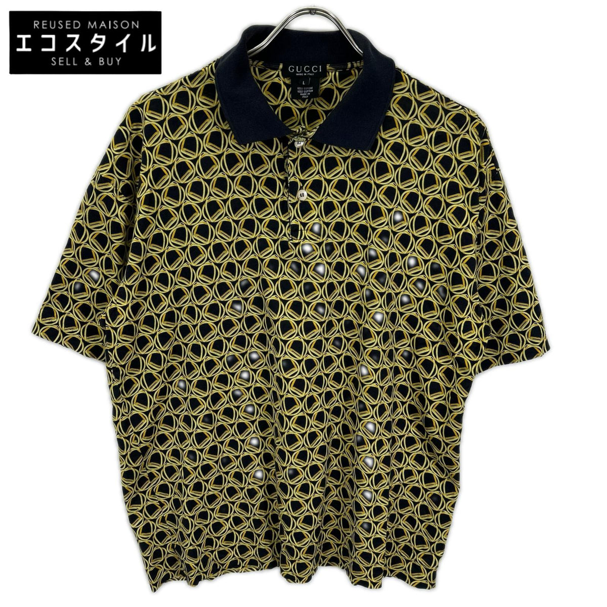 GUCCI グッチ ネイビー ゴールド 総柄ポロシャツ トップス