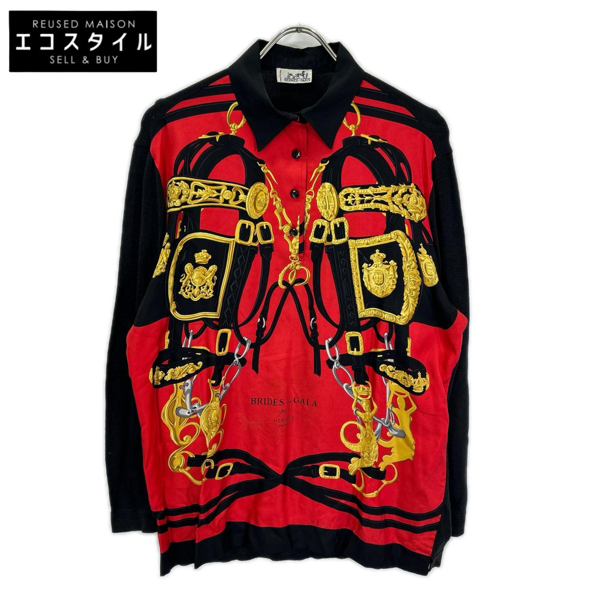HERMES エルメス レッド×ブラック シルク×カシミア 切り替えシャツ トップス