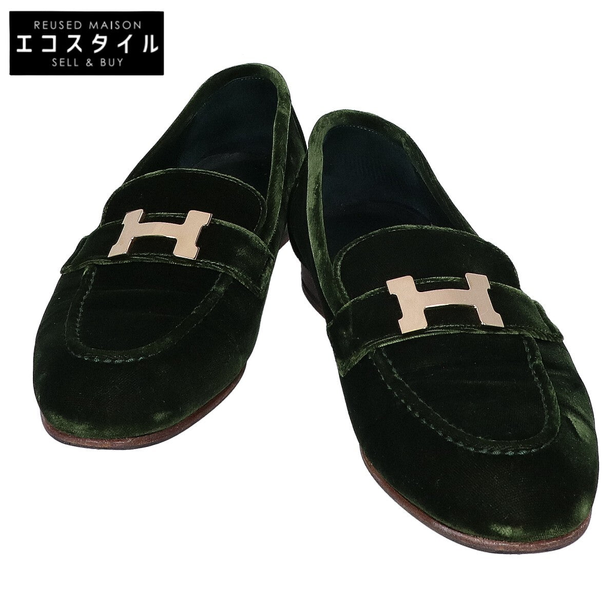 HERMES エルメス 【美品】パリ Hゴールド金具 ベロア モカシンシューズ シューズ
